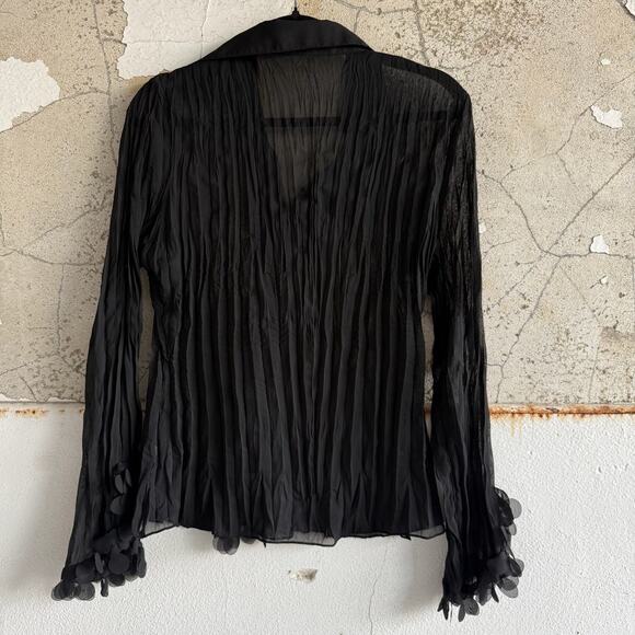 Black Sheer Pleated Blouse Ruffle Long Sleeve Party Top Medium Claudia Richard - Picture 6 of 6